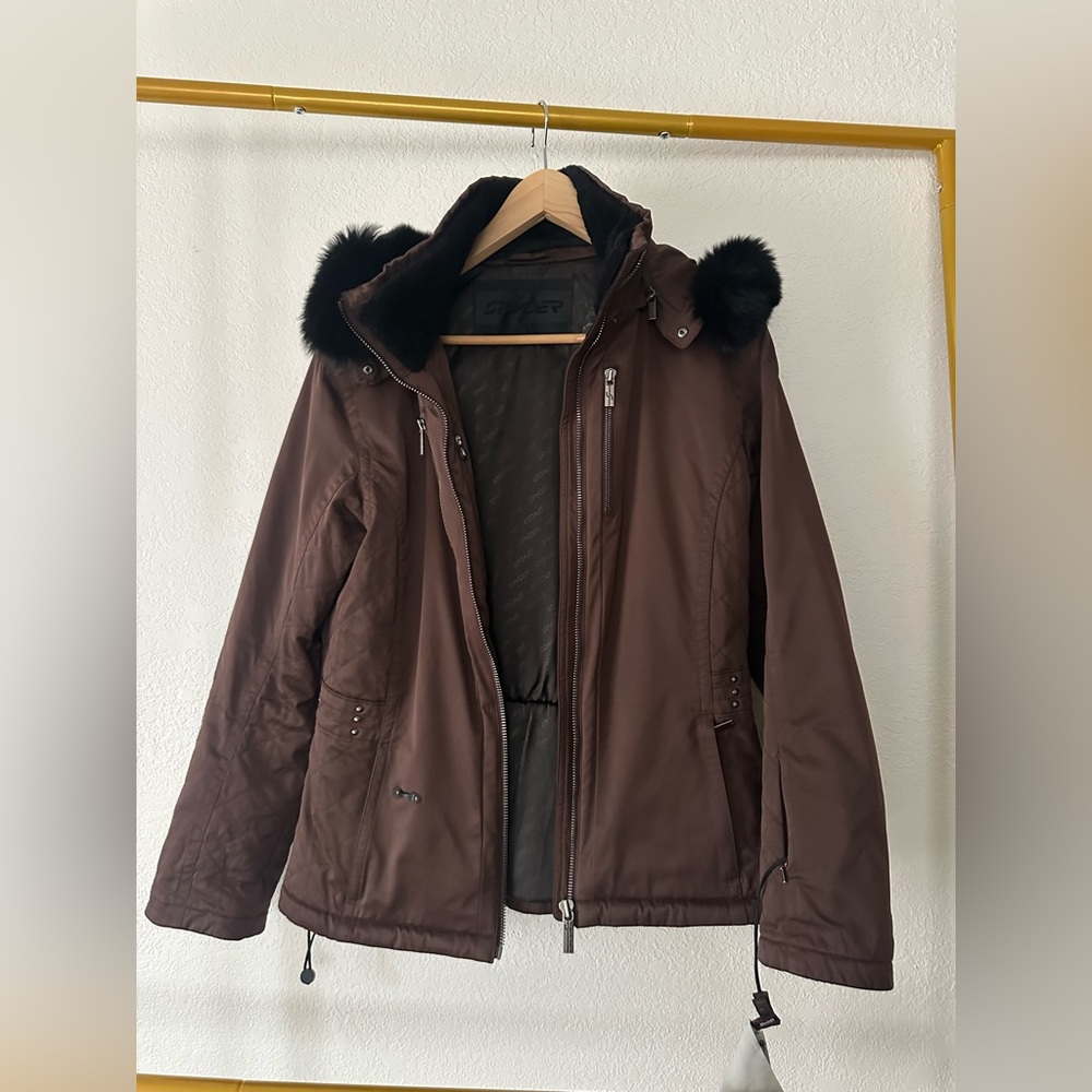 NWOT Spyder Wulfort Brown Snowboard Ski Fur Trim Hood Coat Removable Hood